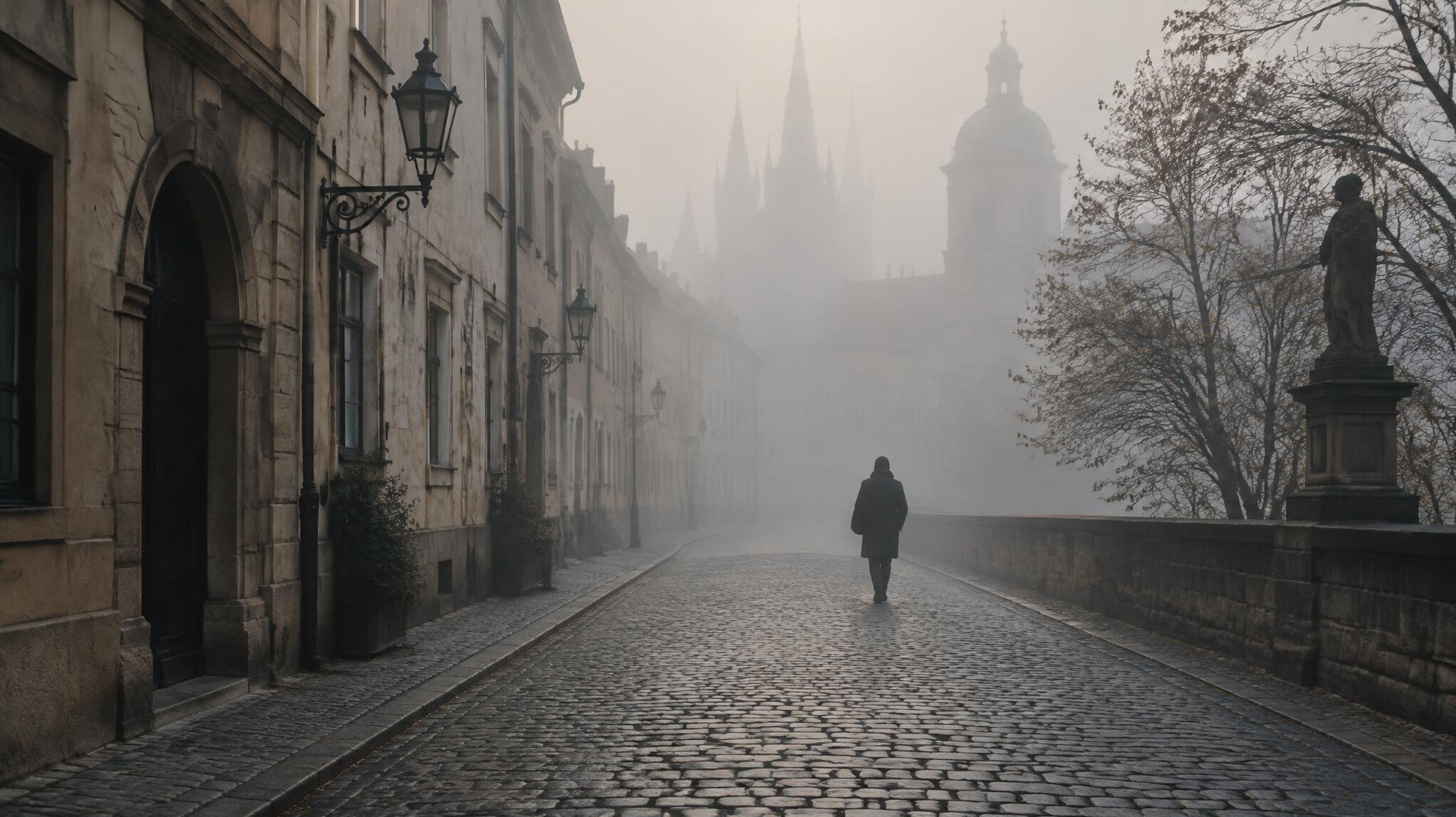 Anonymous silhouette of a person walking alone through mist on an empty street